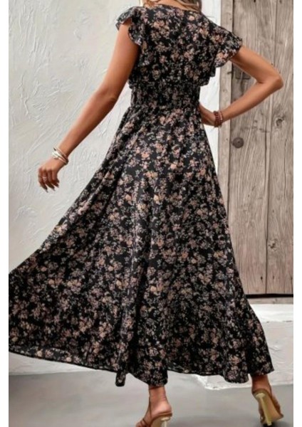 Kruvaze Yaka Beli Lastikli Çiçek Desenli Elbise - Siyah modelleri