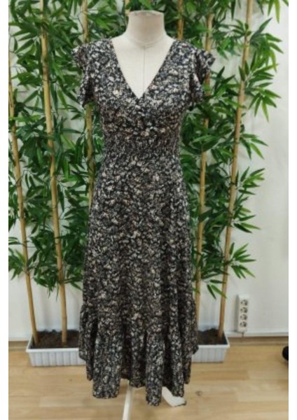 Kruvaze Yaka Beli Lastikli Çiçek Desenli Elbise - Siyah fırsatları