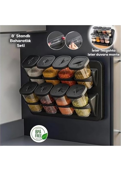 8&apos;li Duvara Asmalı Baharatlık Seti - Tezgah Üstü Stantlı, Yapışkanlı ve 360 Derece Döner Kapaklı Plastik Mutfak Baharatlık, Renk modelleri
