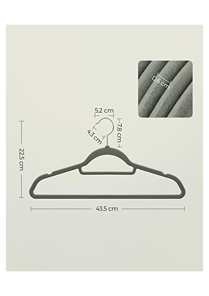 Kadife Elbise Askısı 20&apos;li Set Kaymaz Küçük Bağlantı Demiri 360° Dönen Kanca 0,6 cm Kalın Yerden Tasarruf 43,5 cm Uzun Coats Pantolon Için Gümüş Gri CRF20V