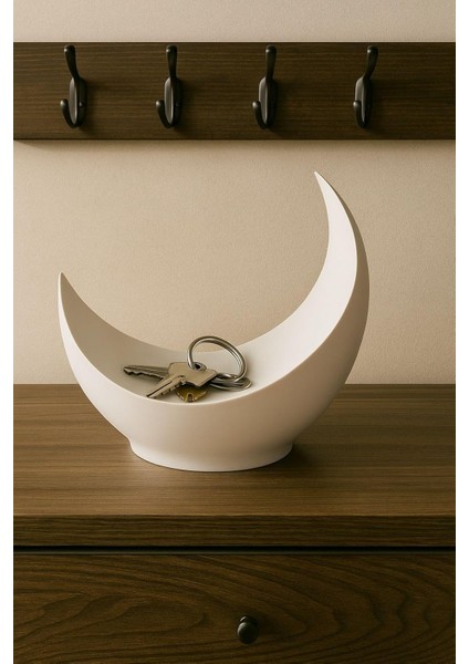 Ay Hilal Şeklinde Süs Dekoratif Obje & Çok Amaçlı Organizer – Anahtarlık & Takı Düzenleyici Beyaz 20 x 15