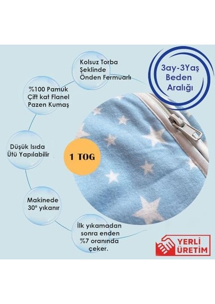 Kışlık ve Mevsimlik, Çıtçıtlı, Çift Kat Flanel Kumaş, Bebek Çocuk Uyku Tulumu, 1 Tog (3-18AY)