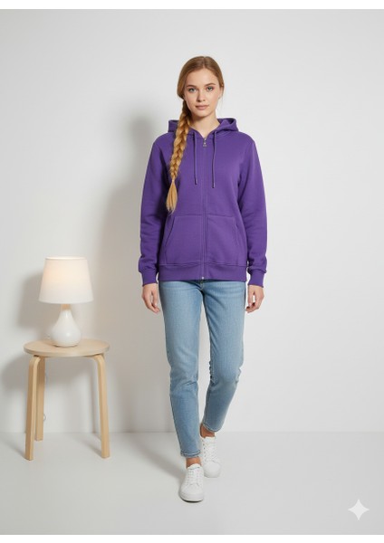 Unısex 3 Iplik Pamuklu Şardonlu Içi Polarlı Regular Fit Rahat Kalıp Kapşonlu Fermuarlı Kalın Hırka