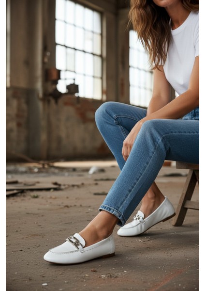 Luna Beyaz Hakiki Deri Kadın Günlük Babet fırsatları