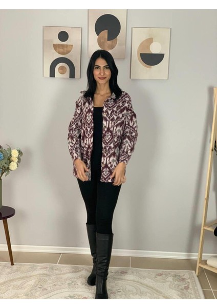 Kadın Tek Cepli Desenli Kalın Oduncu Ceket Gömlek (Bordo) Standar