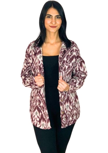 Kadın Tek Cepli Desenli Kalın Oduncu Ceket Gömlek (Bordo) Standar