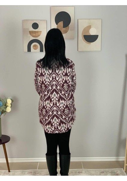 Kadın Tek Cepli Desenli Kalın Oduncu Ceket Gömlek (Bordo) Standar
