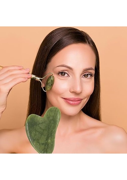 Yeşim Face Jade Roller ve Yeşim Kalp Gua Sha Masaj Taşı Yüz Masaj Seti modelleri