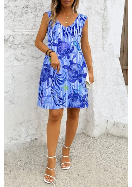 Askılı Desenli Süprem Elbise - Mavi