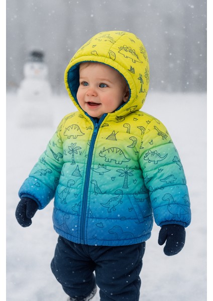 Dinazor Desenli Kapüşonlu ve Içi Polarlı Erkek Çocuk Montu-Dar Kalıp