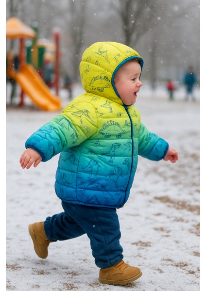 Dinazor Desenli Kapüşonlu ve Içi Polarlı Erkek Çocuk Montu-Dar Kalıp fırsatları