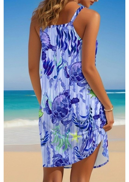 Askılı Desenli Süprem Elbise - Mavi modelleri