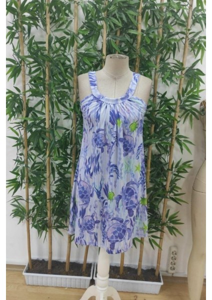 Askılı Desenli Süprem Elbise - Mavi fırsatları