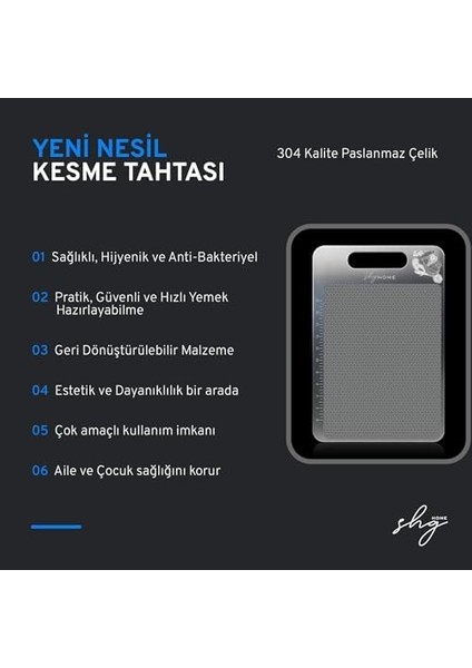 Shg Özel Tasarımlı 304 Paslanmaz Çelik Kesme Tahtası1,5 mm Kalınlık, 23 x 34 cm Yıkanabilir, Gıda Temasına Uygun, Hijyenik