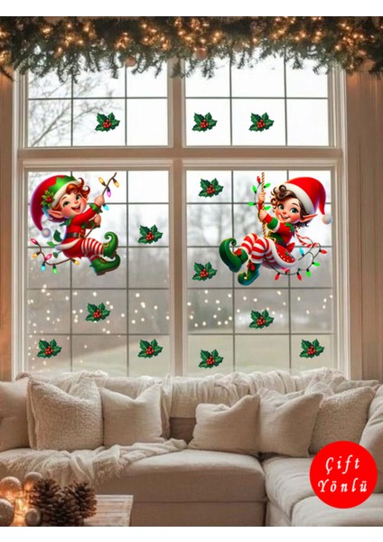 Şeffaf Çift Yön Yılbaşı Elfleri ve Ökse Otları Duvar Sticker 30 cm
