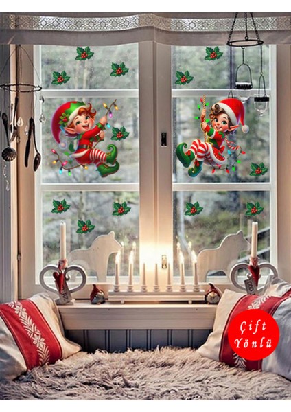 Şeffaf Çift Yön Yılbaşı Elfleri ve Ökse Otları Duvar Sticker 30 cm fiyatları