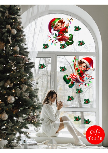Şeffaf Çift Yön Yılbaşı Elfleri ve Ökse Otları Duvar Sticker 30 cm modelleri