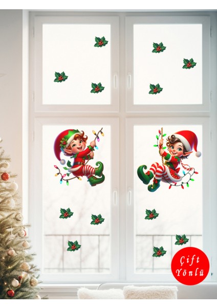Şeffaf Çift Yön Yılbaşı Elfleri ve Ökse Otları Duvar Sticker 30 cm fırsatları