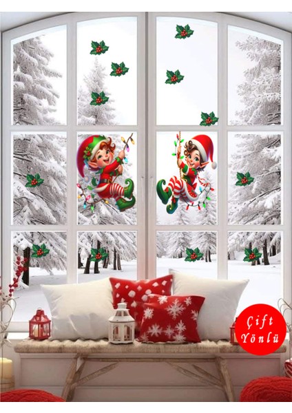 Şeffaf Çift Yön Yılbaşı Elfleri ve Ökse Otları Duvar Sticker 30 cm indirimleri