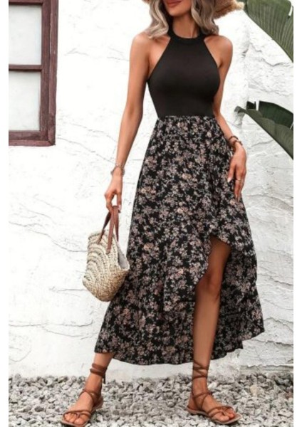 Çiçek Desenli Asimetrik Etekli Halter Yaka Elbise - Siyah