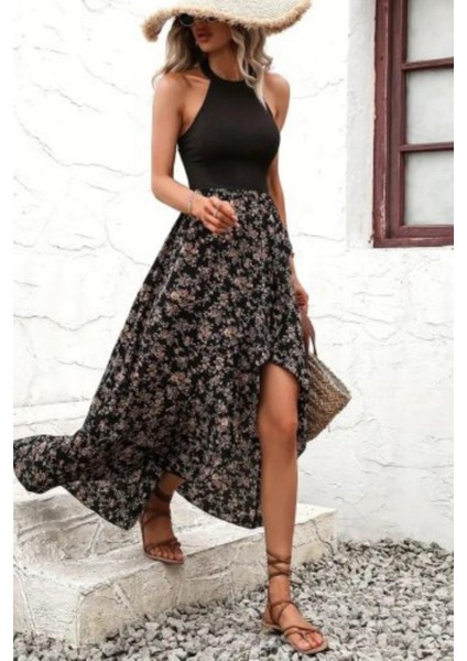 Çiçek Desenli Asimetrik Etekli Halter Yaka Elbise - Siyah fiyatları