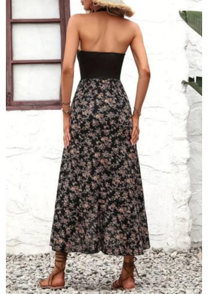 Çiçek Desenli Asimetrik Etekli Halter Yaka Elbise - Siyah modelleri