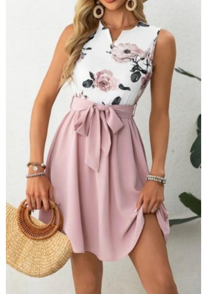 V Yaka Çiçek Baskılı Kuşaklı Dalgıç Elbise - Pembe