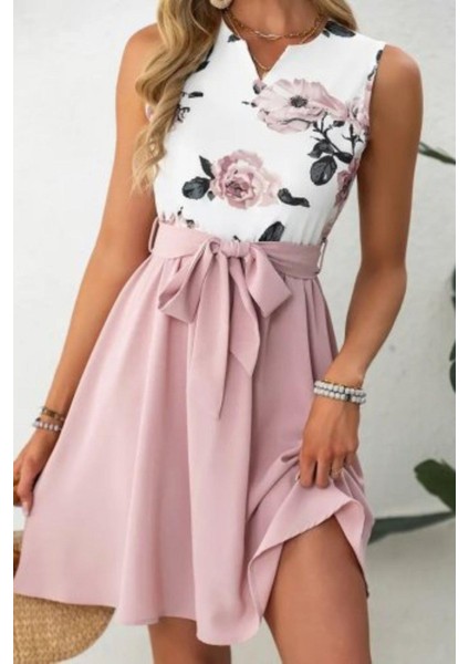 V Yaka Çiçek Baskılı Kuşaklı Dalgıç Elbise - Pembe fiyatları