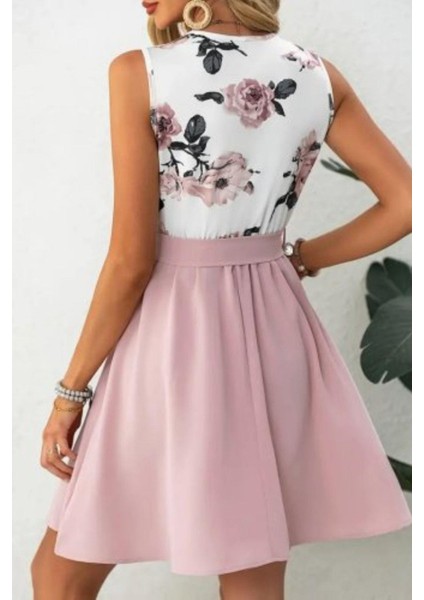 V Yaka Çiçek Baskılı Kuşaklı Dalgıç Elbise - Pembe modelleri