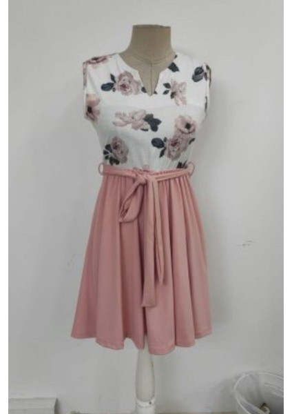 V Yaka Çiçek Baskılı Kuşaklı Dalgıç Elbise - Pembe fırsatları