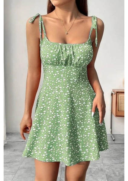 Askılı Kare Yaka Büzgü Detaylı Mini Süprem Elbise - Yeşil fiyatları