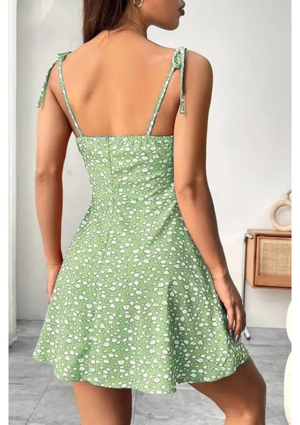 Askılı Kare Yaka Büzgü Detaylı Mini Süprem Elbise - Yeşil modelleri