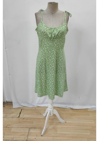 Askılı Kare Yaka Büzgü Detaylı Mini Süprem Elbise - Yeşil fırsatları