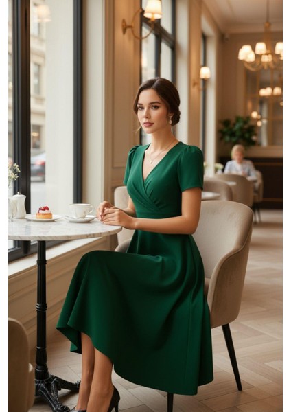 Yeşil Kloş Midi Elbise V Yaka Kruvaze Kesim Şık Günlük Elbise fiyatları