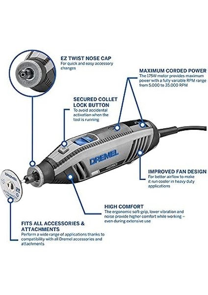 4250 Döner Alet Seti, 175 W, 3 Ek Cihaz ve 45 Aksesuarlı Çok Amaçlı Alet Seti, Sabit Elektronikli 175 W Motor, Değişken Devir Sayısı 5.000 – 35.000 Dev/dak modelleri