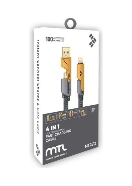 100 W Pd 4 In 1 Usb+C Type C To Lightning Şarj Kablosu, Metal Başlık Sağlam Kopmaz Kablo 100 W Pd Hızlı Şarj Ios Typec USB iphone Mtl MT2512