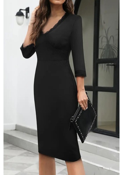 Yaka Dantel Detaylı Fakir Kol Midi Elbise Siyah fiyatları