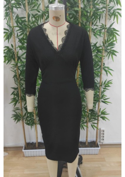 Yaka Dantel Detaylı Fakir Kol Midi Elbise Siyah fırsatları