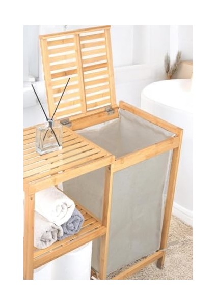 Bambu 3 Raflı Kumaş Sepetli Banyo Düzenleyici Kirli Çamaşır Sepeti DB-0046 modelleri