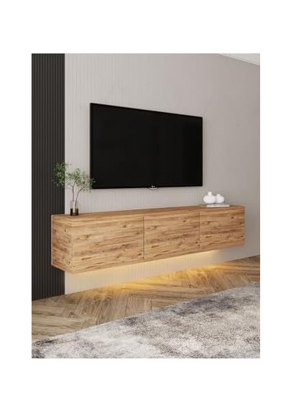 Dizayn Neon LED Işıklı, Duvara Monte, 3 Kapaklı Tv Ünitesi, Tv Sehpası Atlantik Çam modelleri