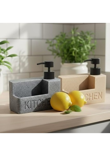 Mermer Desenli Polyresin Sıvı Sabunluk | Entegre Sünger Bölmeli | Modern, Şık ve Dayanıklı Mutfak Organizeri (Bej)