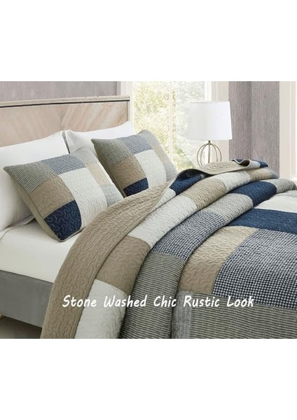 Addy 3 Parça Lacivert Beyaz Gri Boz Ekose Yama Işi Yorgan Seti - Önceden Yıkanmış Pamuk Pike - Hafif Ters Çevrilebilir Yatak Örtüsü, Battal Boy fiyatları