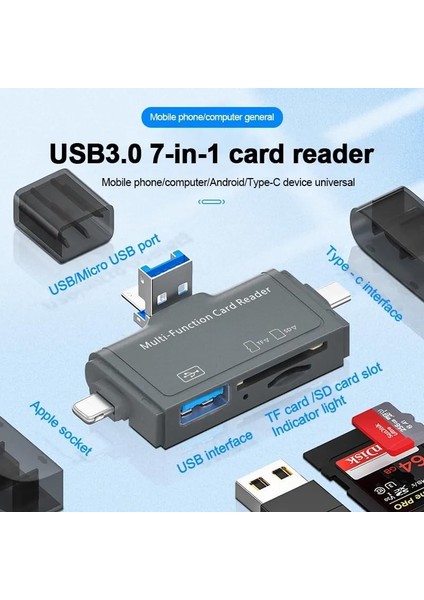 7in1 Micro Usb, Type C, Iphone 15, 14, 13, 12, 11 Pro,pro Max Uyumlu, Multi, Kart Okuyucu, Otg, Sd Tf USB Dönüştürücü modelleri