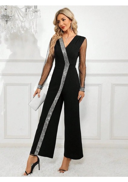 Kadın Uzun V Yakalı Önden Pulpayet Detaylı Tüllü Uzun Ithal Krep Tulum fiyatları