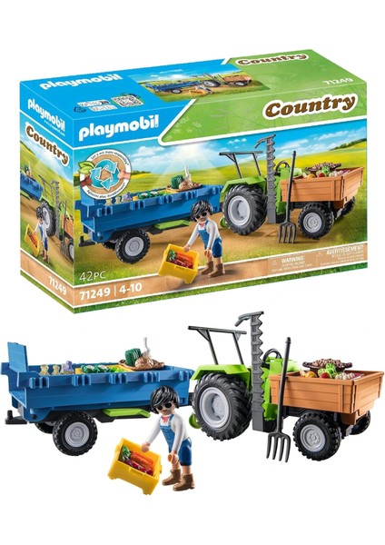 Country 71249 Römorklu Traktör, Taşıma Kutuları Dahil, Organik Çiftlik Için Yeşil Traktör, 4 Yaşından Büyük Çocuklar Için Sürdürülebilir Oyuncak