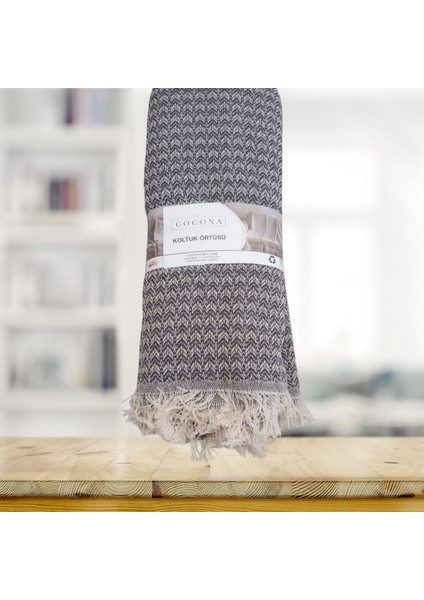 Koltuk Örtüsü Natural Pamuklu Koltuk Şalı Çekyat Örtüsü 170X210 (Lacivert-Krem)