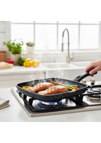 Alüminyum Döküm Kare Izgara Tavası | Granit Kaplama Yapışmaz Yüzeyli | Et, Tavuk ve Sebze Için Ideal Mutfak Izgarası | 29CMX29CM Siyah fiyatları