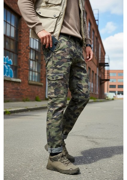 Askeri Erkek Kamuflaj Düz Paça Pantolon - Likralı - Fermuarlı - Çok Cepli