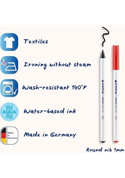 Edding 4600 Tekstil Kalemi - Siyah, Kırmızı, Mavi, Yeşil, Sarı - 5&apos;li Set - Yuvarlak Uç 1 mm - Tekstil Üzerine Çizim Yapmak Için Kalıcı Kumaş Kalemler, 60°c&apos;ye Kadar Yıkamaya Dayanıklı modelleri
