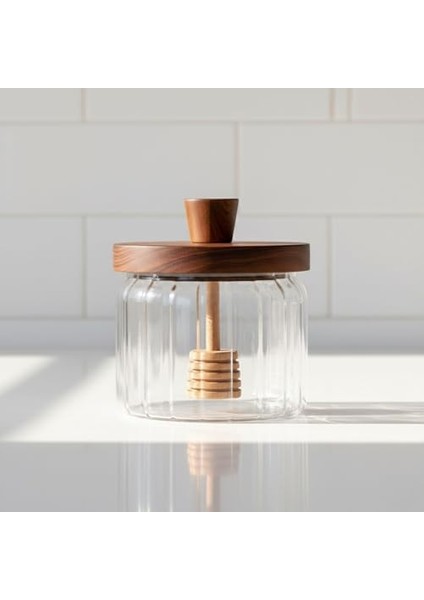 Akasya Ağacı Kapaklı Borosilikat Cam Bal Kavanozu ve Bal Kaşığı| Modern Kahvaltılık Saklama Kabı | Borosilikat Cam Bal Kavanozu | Ahşap Kapaklı ve Kepçeli Şık Bal Sunumluk 280ML